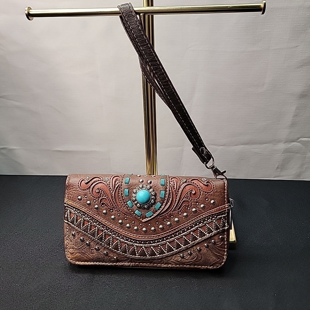 Turquoise Embellished Brown Clutch